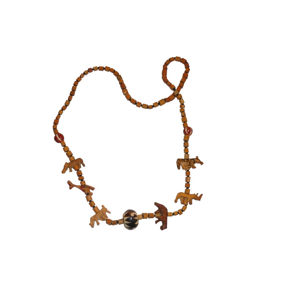 Hand Carved Wood Safari Animal Necklace Batik Bone Bead Tribal Boho Jewelry 18"